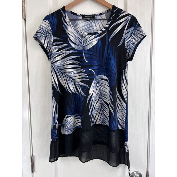 Karen Kane Women's Asymmetrical Sheer Hem Top Tropical Black Blue Size XS - Picture 1 of 10